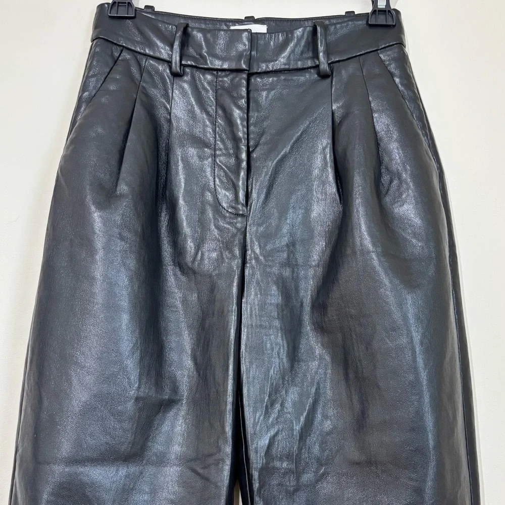 Wilfred preppy black soft faux leather high rise pleated straight leg crop pants